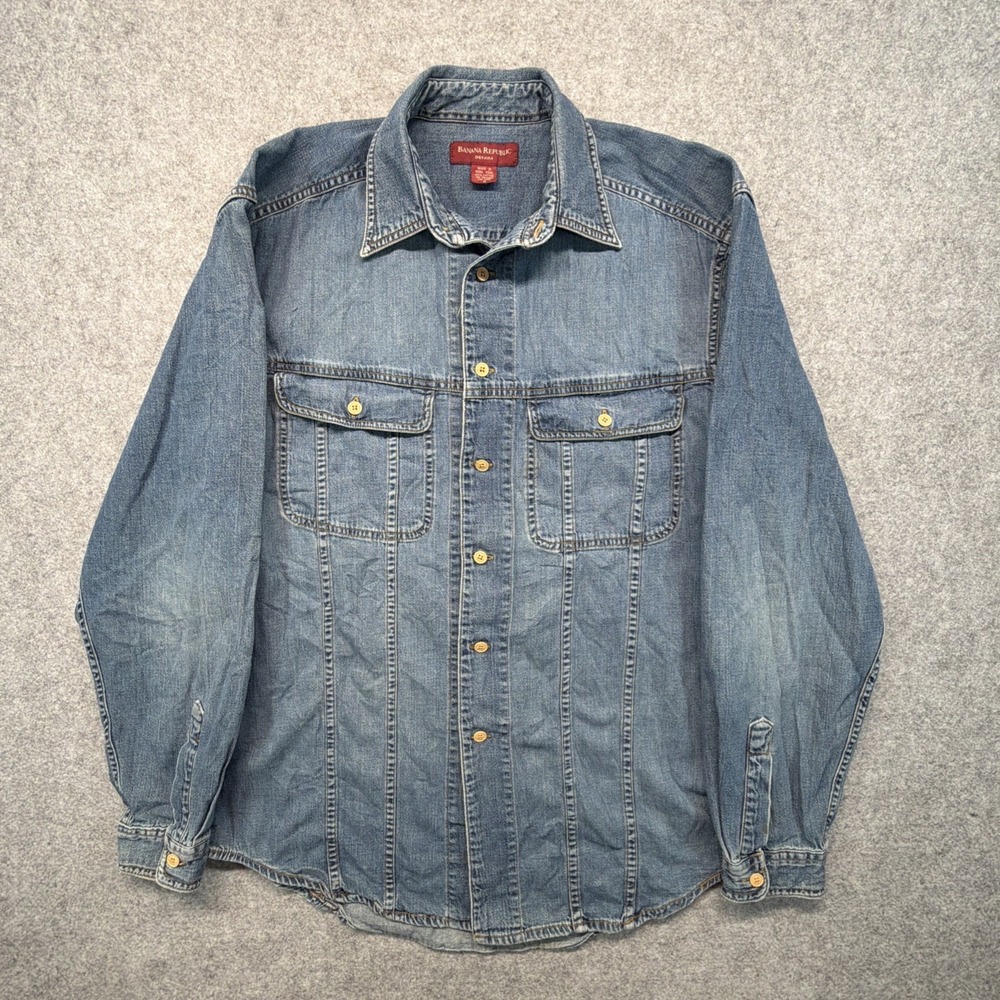 Vintage Banana Republic Men's Button Up Denim Shirt Size Medium Western 90s